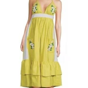Fanm Mon Small Yamile Floral Embroidered Halter Midi Dress Mustard Lime NWT $269